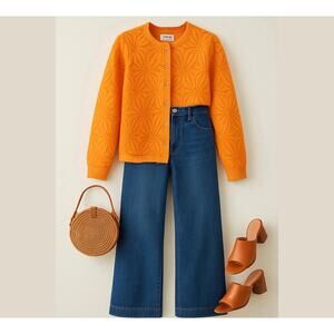 VTG Mod 60s/70s Parisienne Orange Lace Knit Cardigan Sweater Semi Sheer Womens